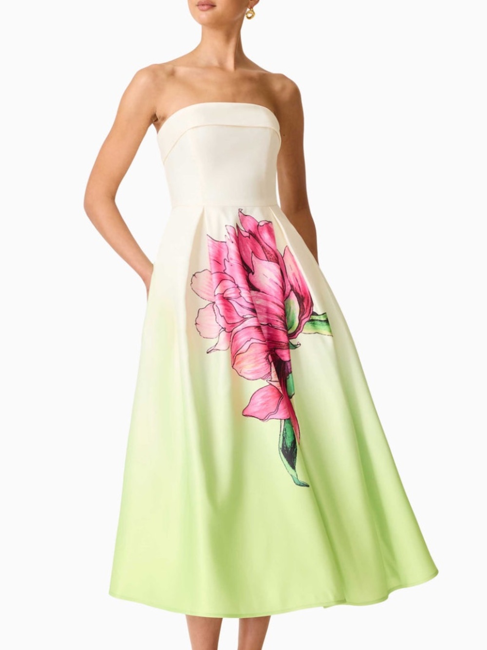 Elliatt Elisia Strapless Gown Pink Green Floral Flower Satin - Size Small